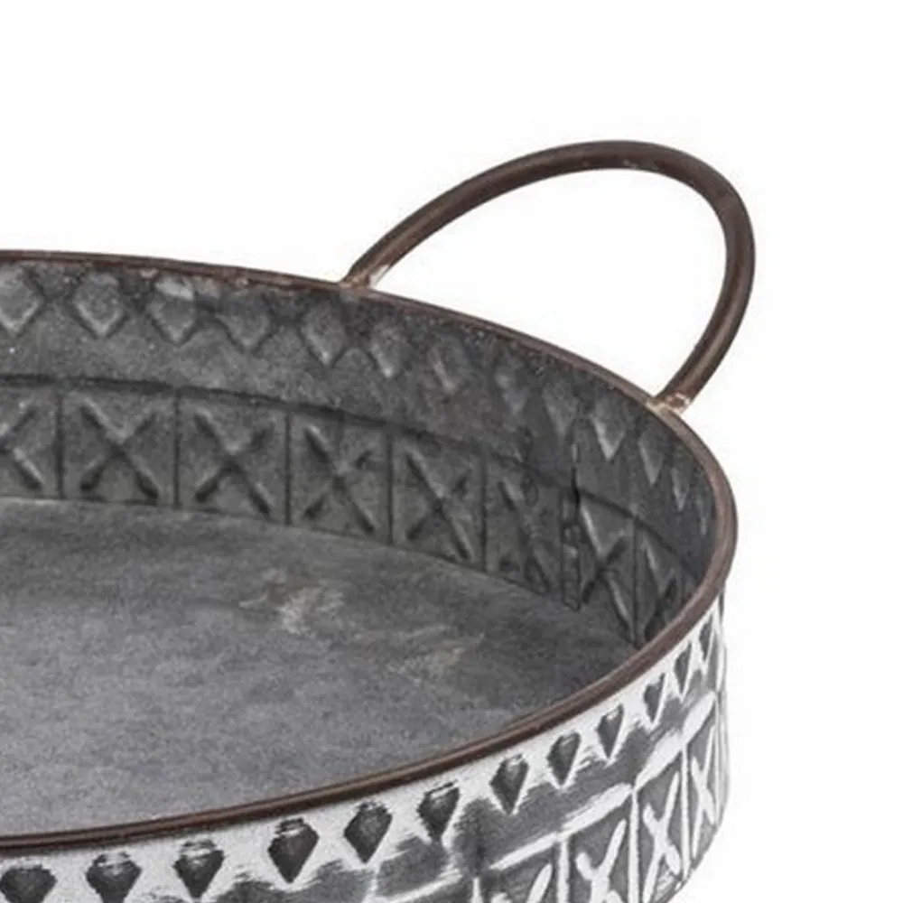18, 20 Inch Set of 2 Round Serving Trays with Handles, Galvanized Gray Iron By Casagear Home