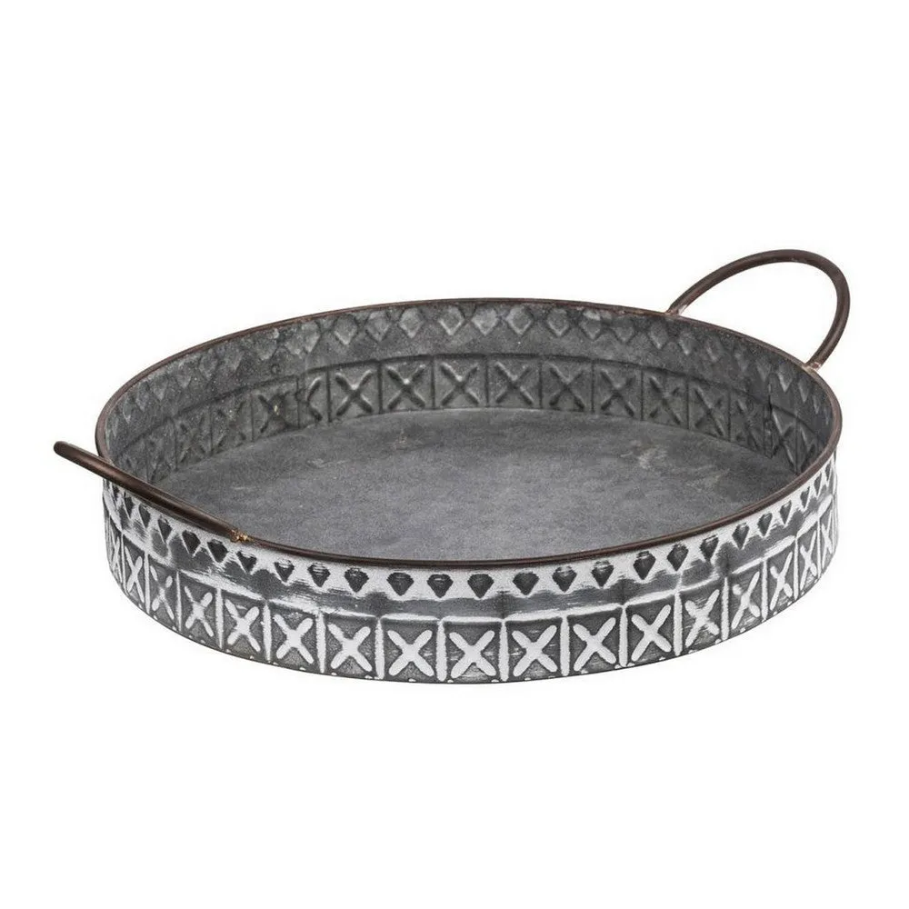 18, 20 Inch Set of 2 Round Serving Trays with Handles, Galvanized Gray Iron By Casagear Home