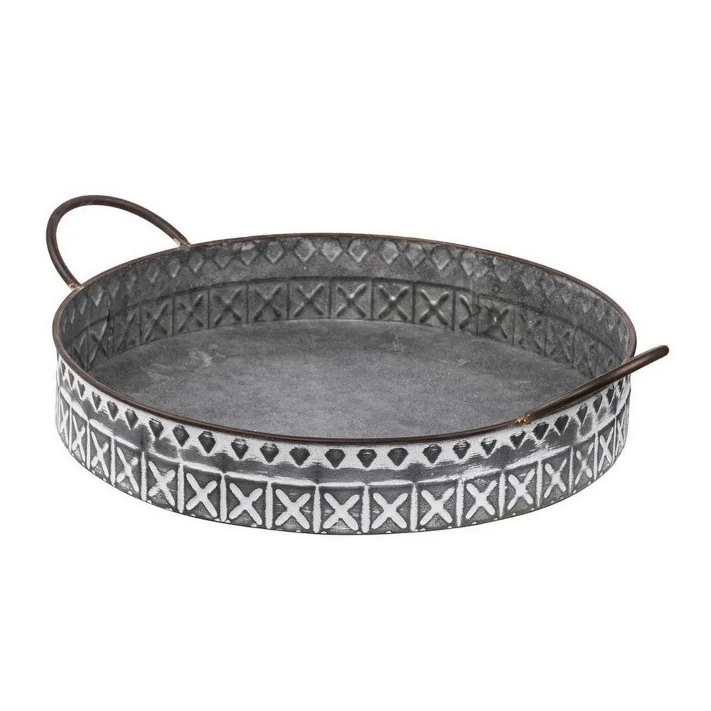 18, 20 Inch Set of 2 Round Serving Trays with Handles, Galvanized Gray Iron By Casagear Home