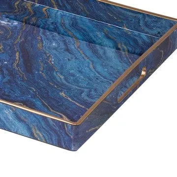19, 18 Inch Set of 2 Modern Decorative Trays, Blue Pattern with Gold Rim By Casagear Home