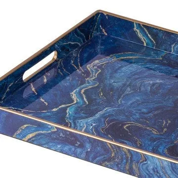 19, 18 Inch Set of 2 Modern Decorative Trays, Blue Pattern with Gold Rim By Casagear Home