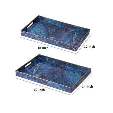 19, 18 Inch Set of 2 Modern Decorative Trays, Blue Pattern with Gold Rim By Casagear Home