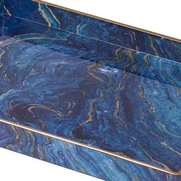 19, 18 Inch Set of 2 Modern Decorative Trays, Blue Pattern with Gold Rim By Casagear Home