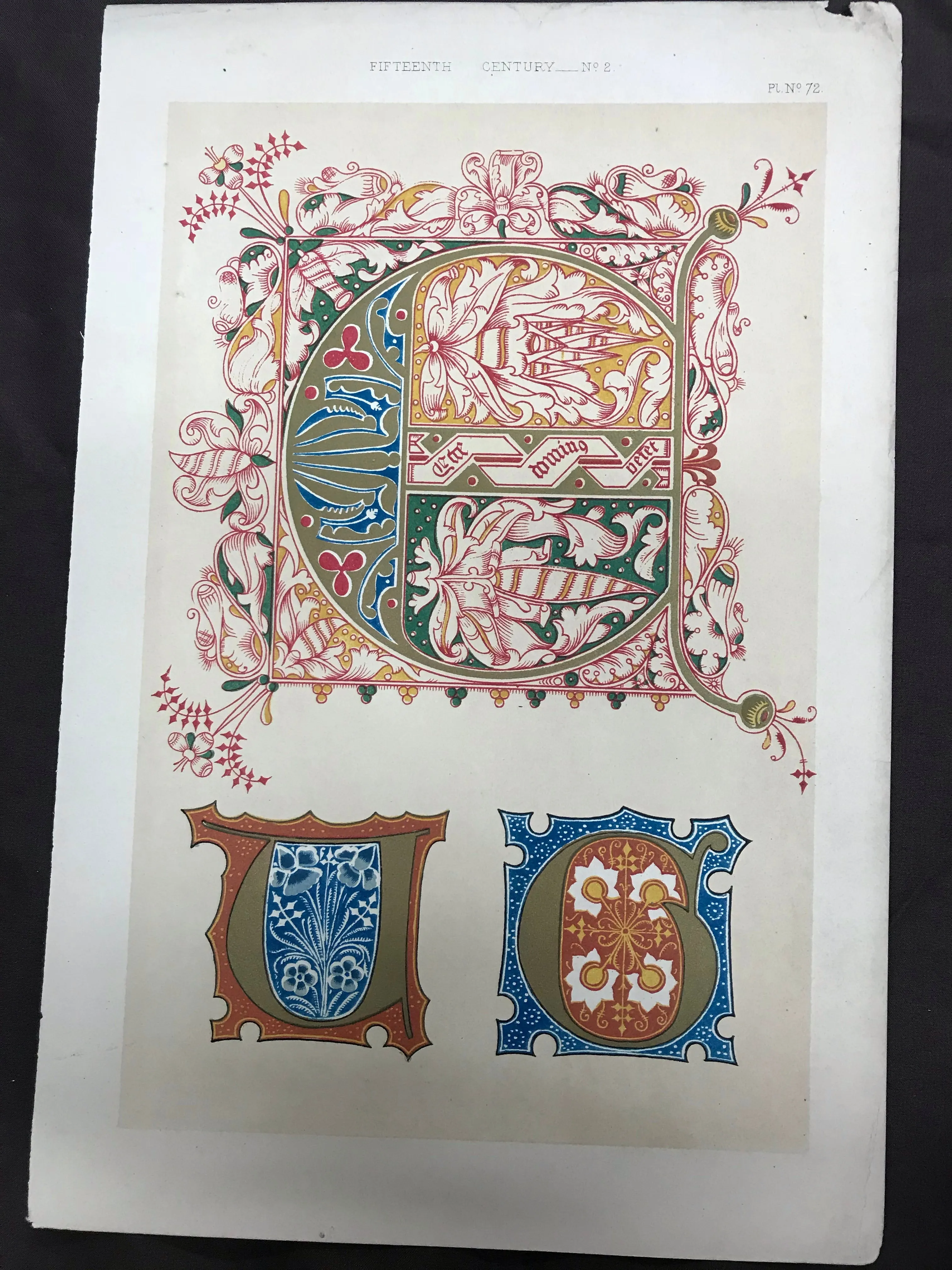 Beautiful Chromolithograph Book Plate Illuminated Letters About 150 Years Old - Plate Number 72