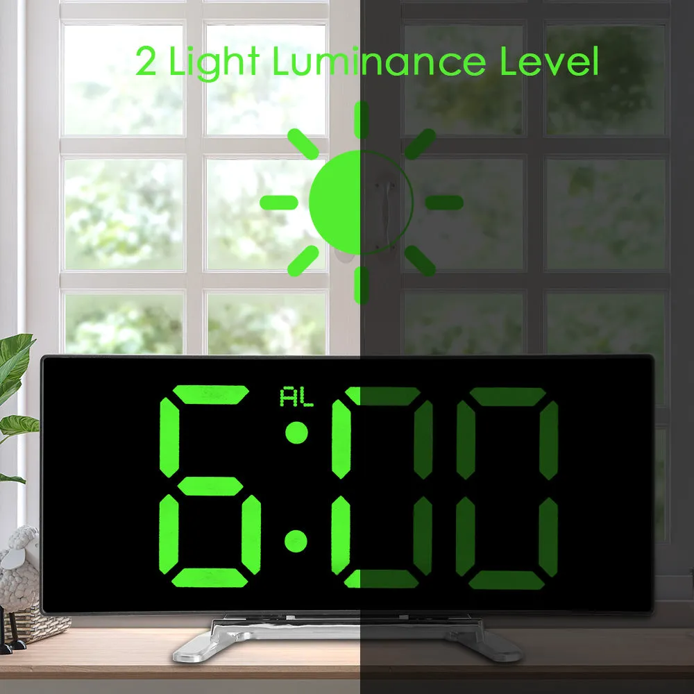 Bedroom Curved Dimmable Mirror Clock Large Number Table Clock Electric Night Clock LED Screen Digital Alarm Clock 7 Inch