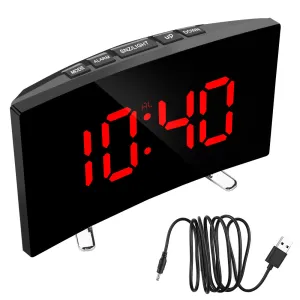 Bedroom Curved Dimmable Mirror Clock Large Number Table Clock Electric Night Clock LED Screen Digital Alarm Clock 7 Inch