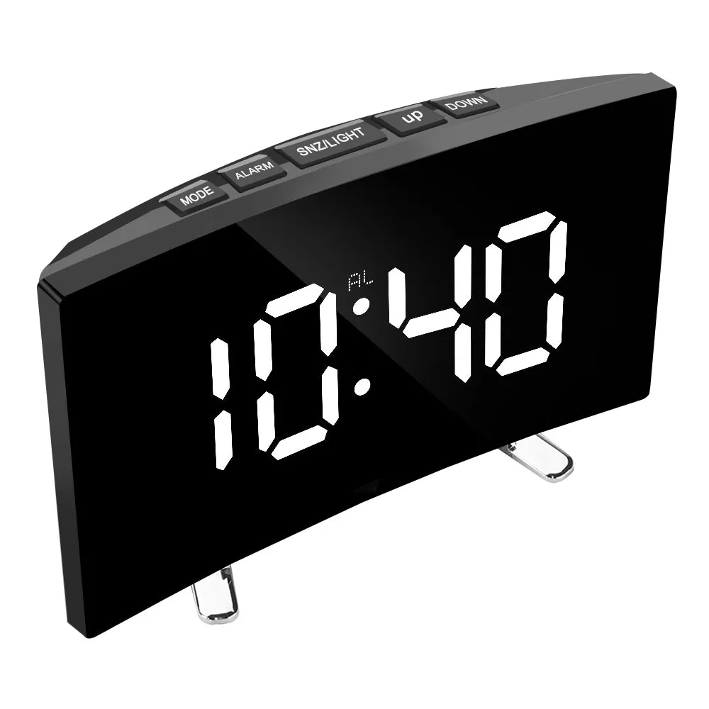 Bedroom Curved Dimmable Mirror Clock Large Number Table Clock Electric Night Clock LED Screen Digital Alarm Clock 7 Inch
