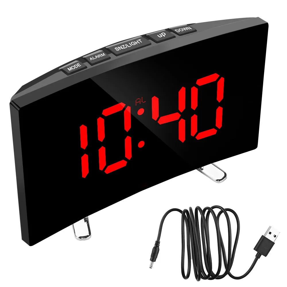 Bedroom Curved Dimmable Mirror Clock Large Number Table Clock Electric Night Clock LED Screen Digital Alarm Clock 7 Inch