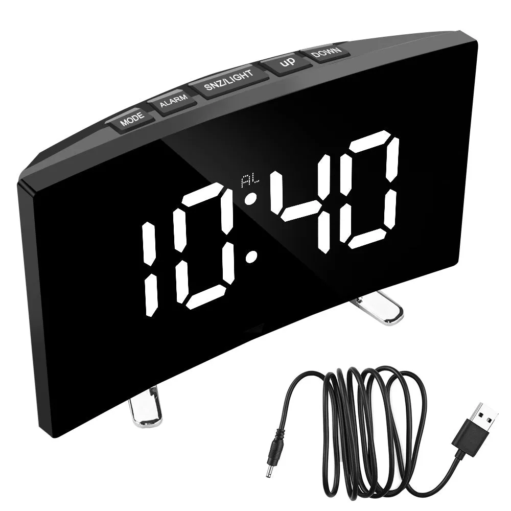 Bedroom Curved Dimmable Mirror Clock Large Number Table Clock Electric Night Clock LED Screen Digital Alarm Clock 7 Inch