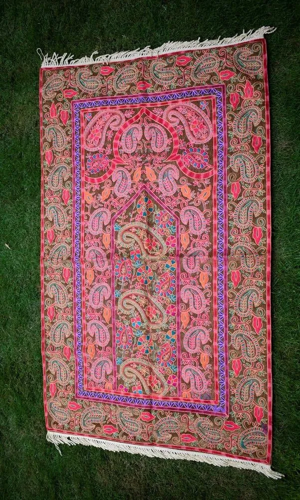Brown Color With Multi Thread Kashmiri Aari Work Prayer Rug