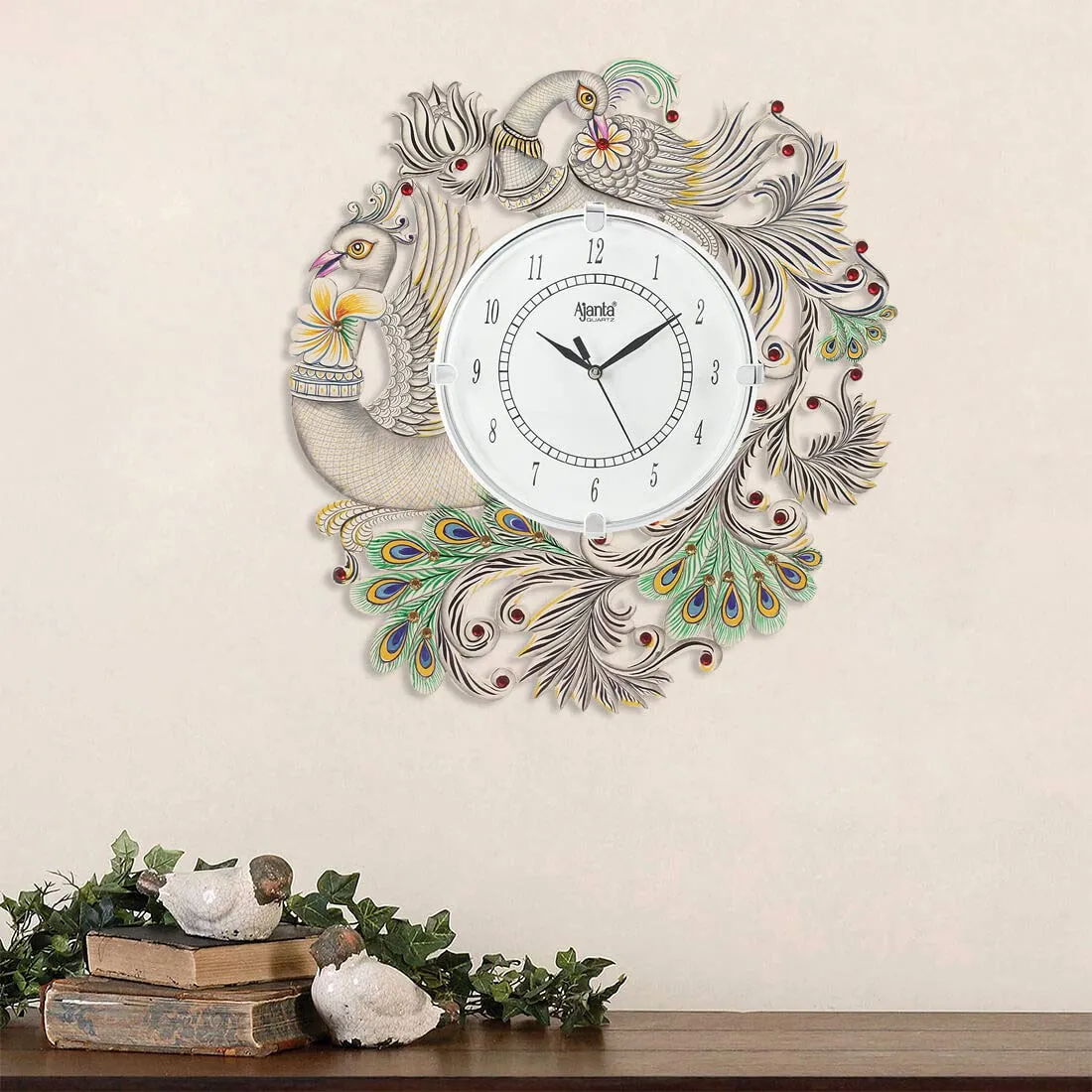 Circadian Ajanta Peacock Design Wall Clock For Home Décor Living Room Hall Office Bedroom Fancy Stylish Antique Wooden Watch Hand Made Multicolour 36 X 36 Cm Pack Of 1 - Analog
