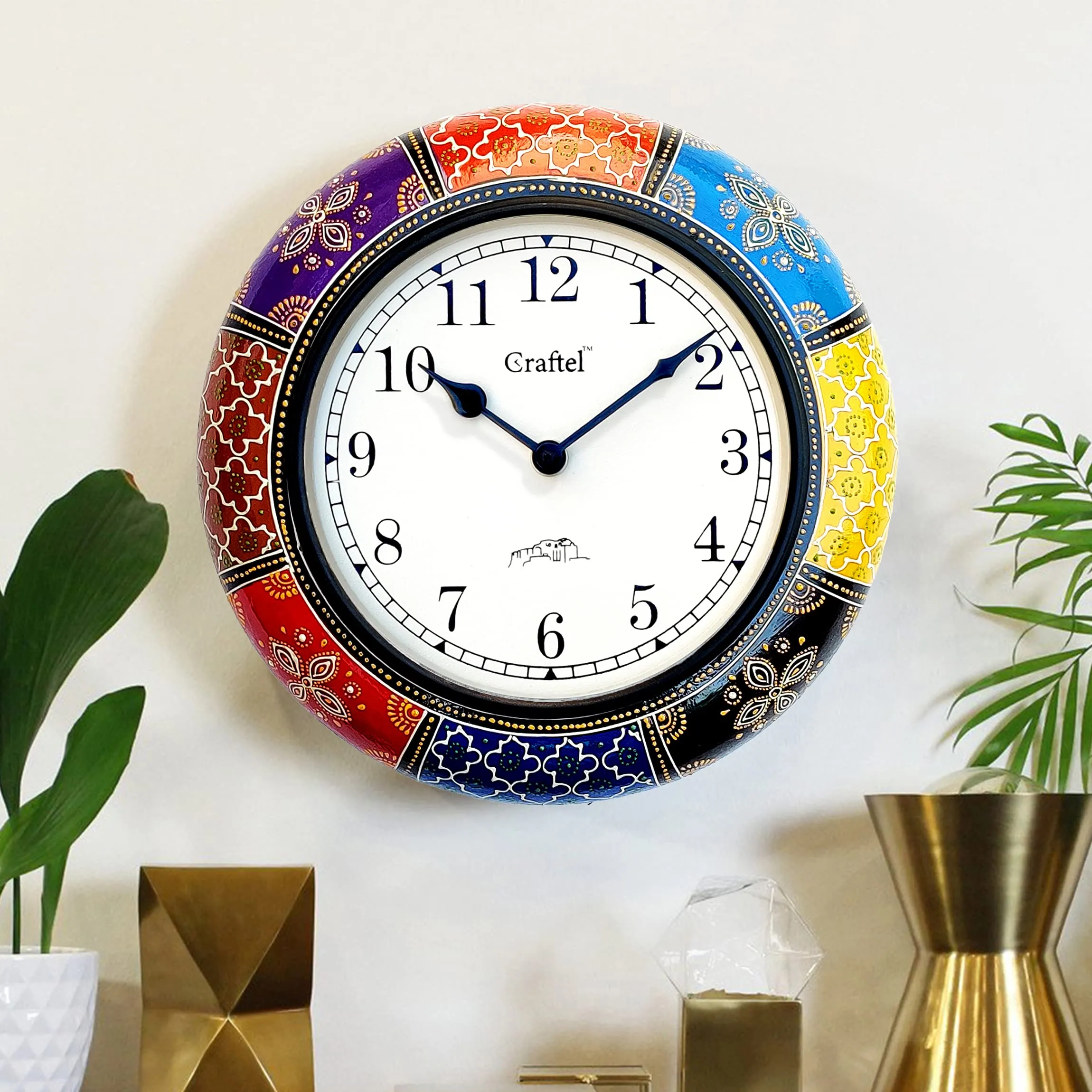 CRAFTEL Engineered Wood Antique Hand Painted Wall Analog Clock With Dome Glass For Bedroom Living Room Home (Multicolour, 12 Inch, Dial : 8 Inches)