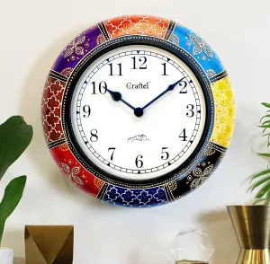 CRAFTEL Engineered Wood Antique Hand Painted Wall Analog Clock With Dome Glass For Bedroom Living Room Home (Multicolour, 12 Inch, Dial : 8 Inches)