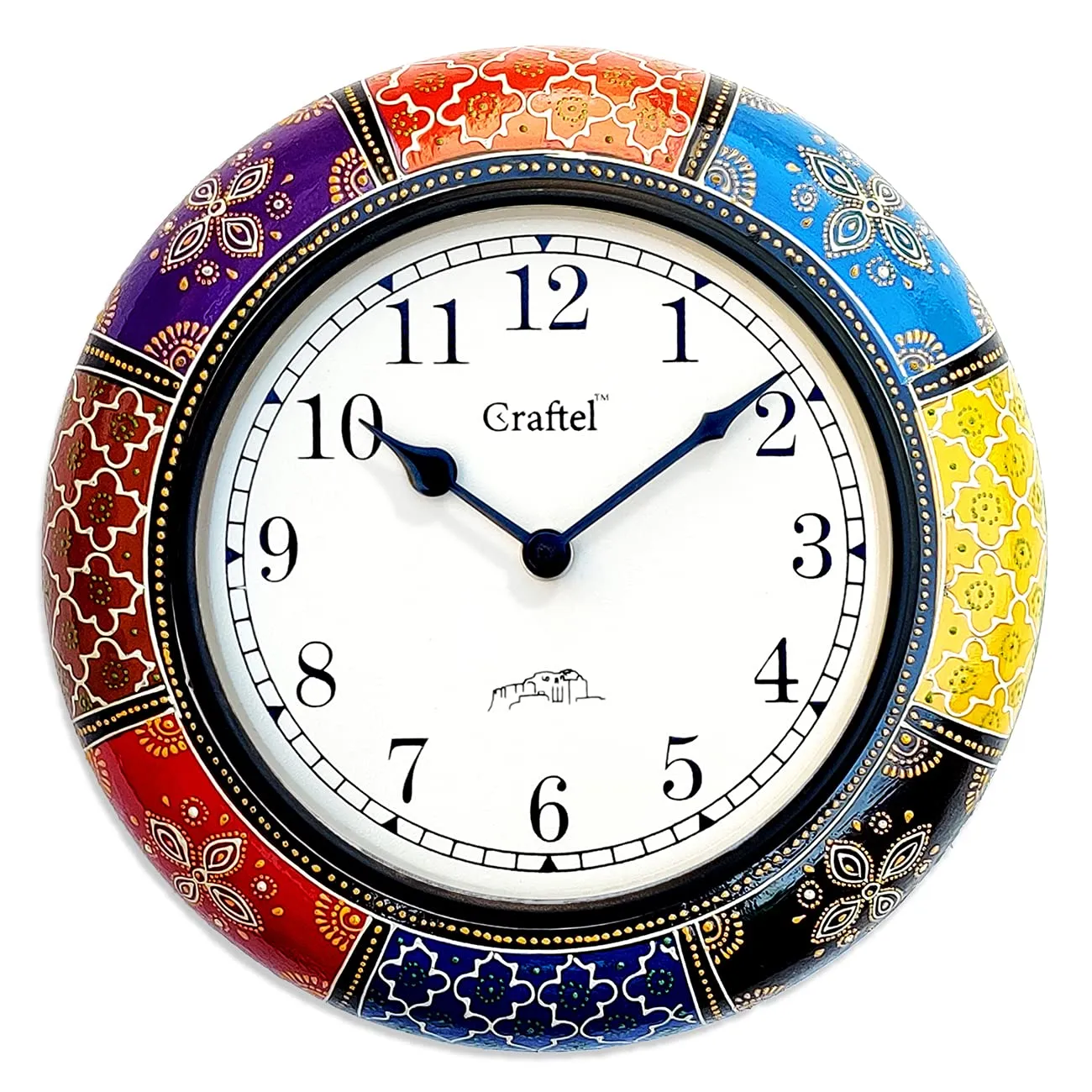 CRAFTEL Engineered Wood Antique Hand Painted Wall Analog Clock With Dome Glass For Bedroom Living Room Home (Multicolour, 12 Inch, Dial : 8 Inches)