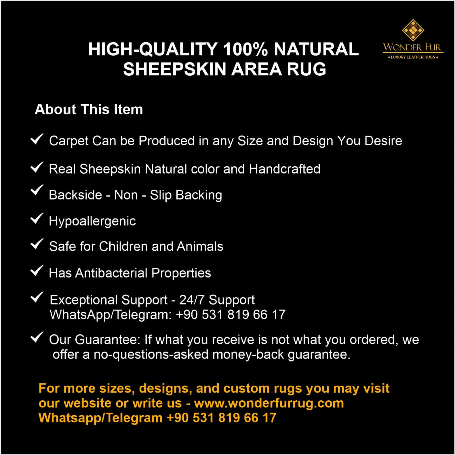 Customizable Handmade Black White And Gold Natural Sheepskin Round Rug