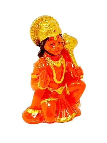 Cyan Collection Marble Dust Sinduri Hanuman Ji Murti Idol for Car Dashboard | Hanuman Ji Blessing Posture with Gada | Balaji Ji Ki Murti for Home Office Temple Pooja Decor (Pack of 1)