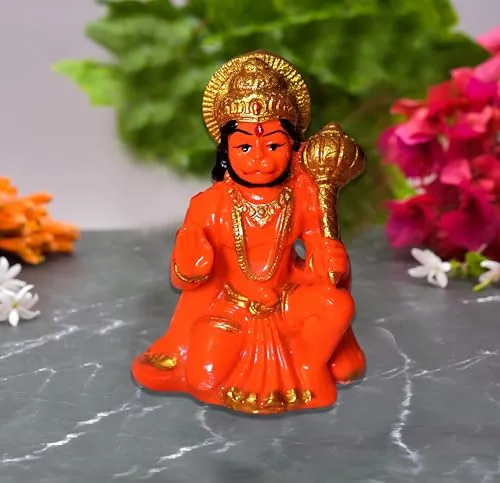 Cyan Collection Marble Dust Sinduri Hanuman Ji Murti Idol for Car Dashboard | Hanuman Ji Blessing Posture with Gada | Balaji Ji Ki Murti for Home Office Temple Pooja Decor (Pack of 1)