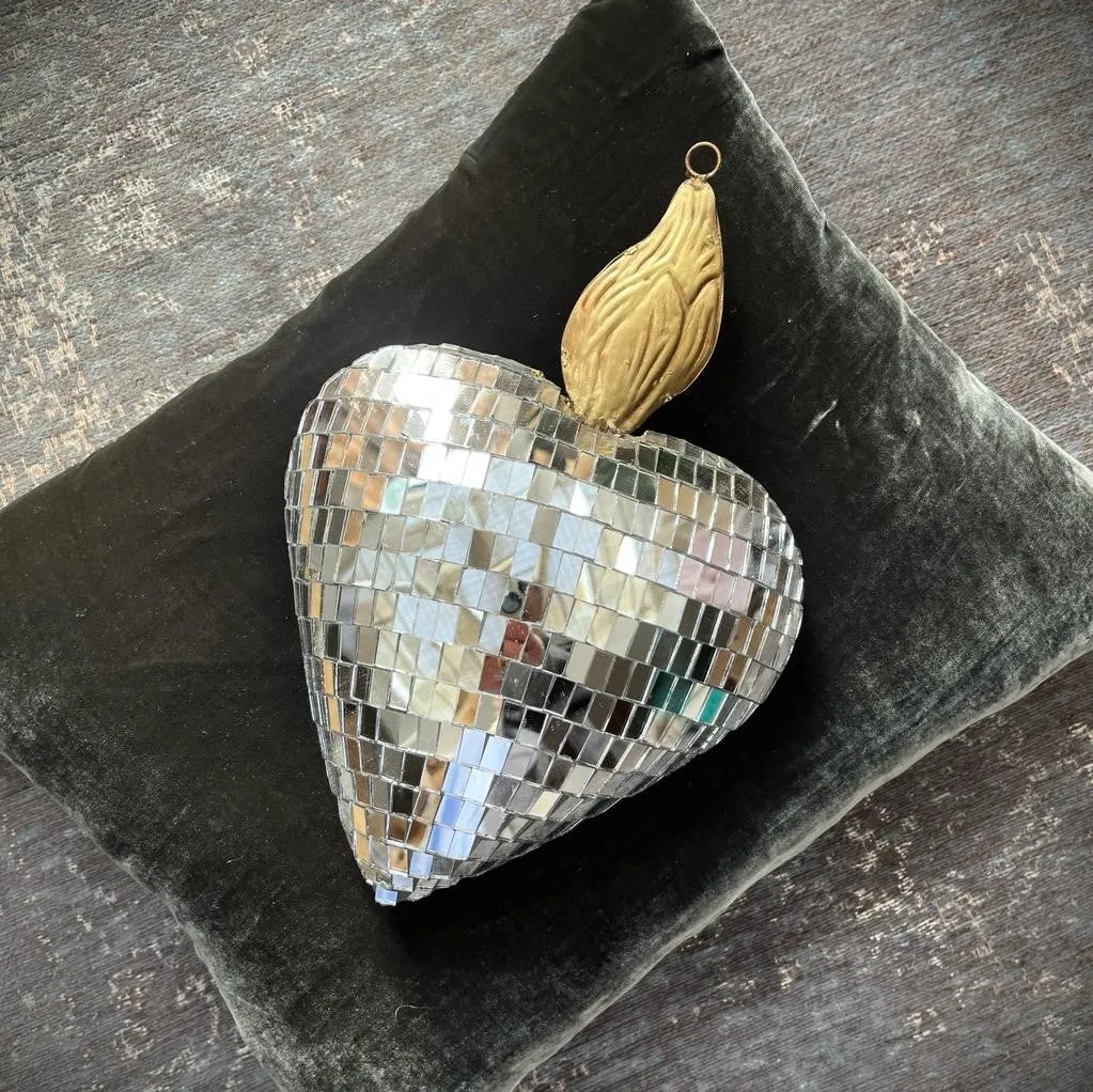 Disco Ball Faceted Mirror Heart Ornament - Large - Boncoeurs