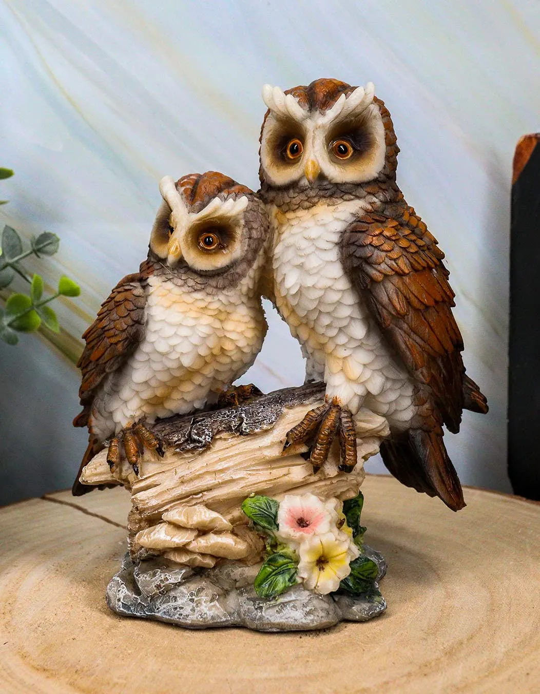 Ebros Romantic 2 Great Horned Owl Couple On Tree Stump Statue 6.25"Tall Whimsical Love Valentines Forest Nocturnal Brown Owls Figurine As Home Decorative Sculpture Accent