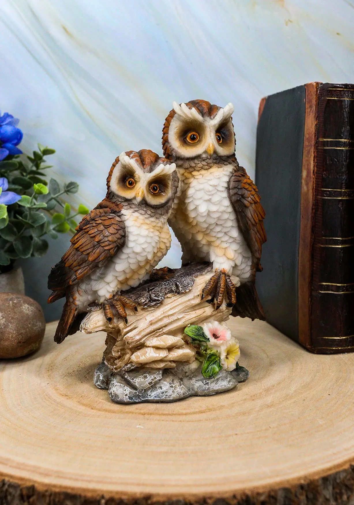 Ebros Romantic 2 Great Horned Owl Couple On Tree Stump Statue 6.25"Tall Whimsical Love Valentines Forest Nocturnal Brown Owls Figurine As Home Decorative Sculpture Accent