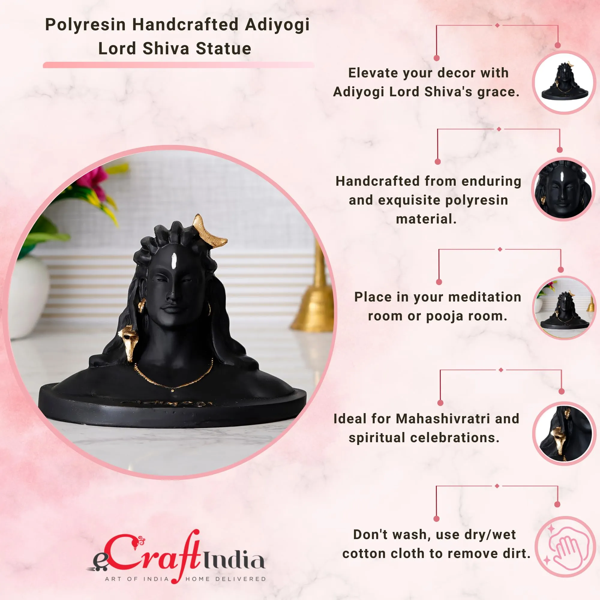 eCraftIndia Black Resin Handcrafted Adiyogi Shiva Statue for Car Dashboard- Lord Shiva Idol for Home- Shiv Murti- Adiyogi Mahadev Statue- Gift for Diwali Maha Shivratri Housewarming - Diwali Gift Item
