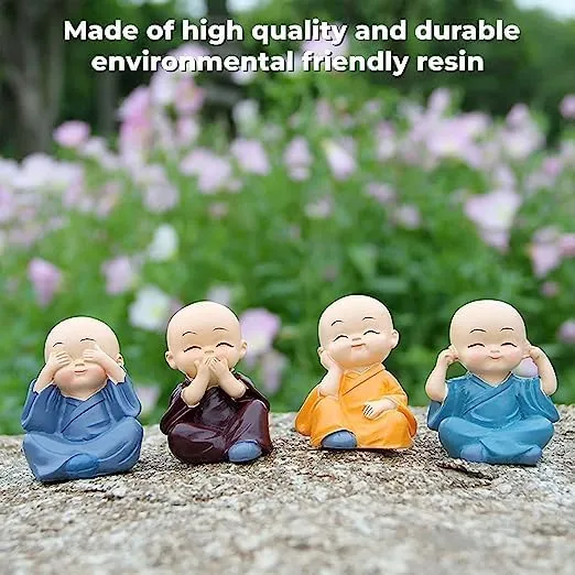 ELITEWAVE Resin Set Of 4 Buddha Monk Statues Miniature Figurines Showpiece For Wall Shelf Table Desktop Car Dashboard Decoration Home Office Decor (Cute_Buddha_Set-Of-4)
