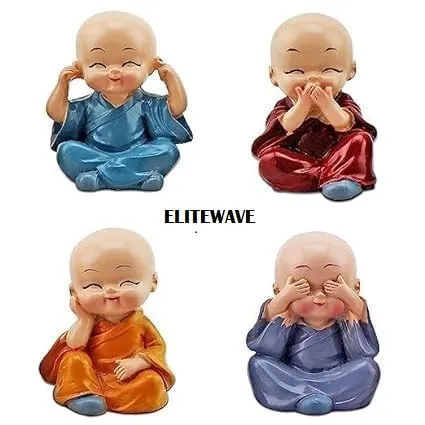 ELITEWAVE Resin Set Of 4 Buddha Monk Statues Miniature Figurines Showpiece For Wall Shelf Table Desktop Car Dashboard Decoration Home Office Decor (Cute_Buddha_Set-Of-4)