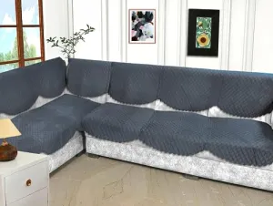 Fashion Throw Sofa Cover L Shape 6 Seats | Velvet Quilted Anti-Slip Sofa Cover Protector Covers | Sofa Cover for Living Room | Sofa Slipcovers (Dark Grey, L-Shape)
