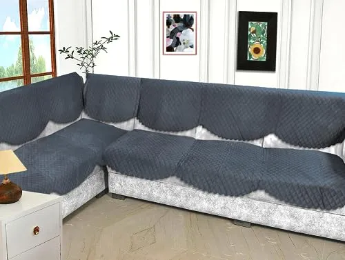 Fashion Throw Sofa Cover L Shape 6 Seats | Velvet Quilted Anti-Slip Sofa Cover Protector Covers | Sofa Cover for Living Room | Sofa Slipcovers (Dark Grey, L-Shape)