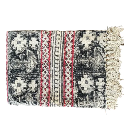 Handmade Beautiful Black Holy Block Print Cotton Dari Carpet
