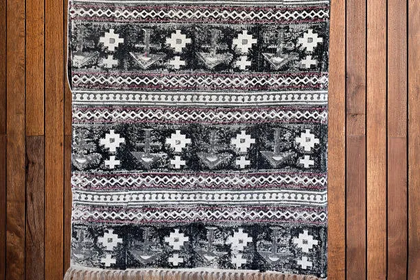 Handmade Beautiful Black Holy Block Print Cotton Dari Carpet