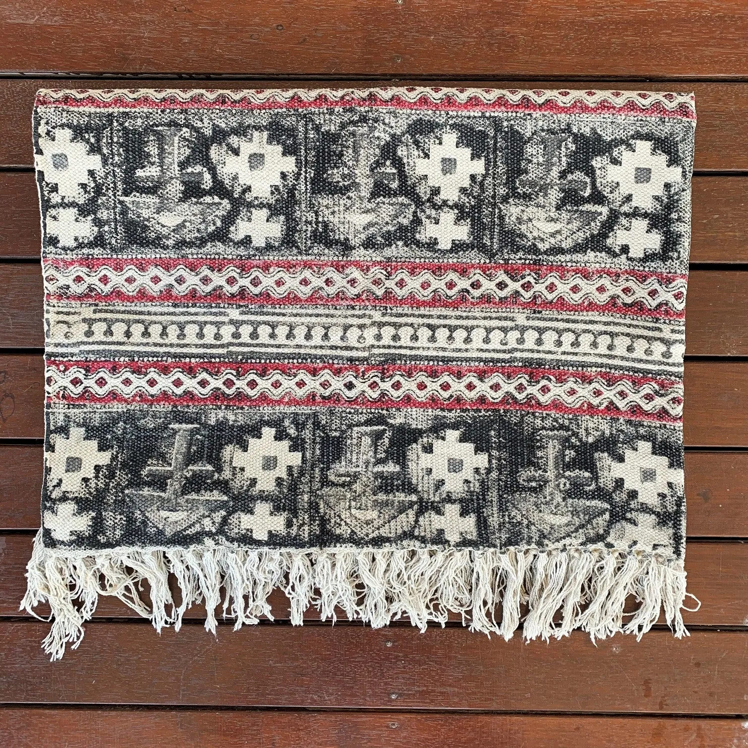 Handmade Beautiful Black Holy Block Print Cotton Dari Carpet