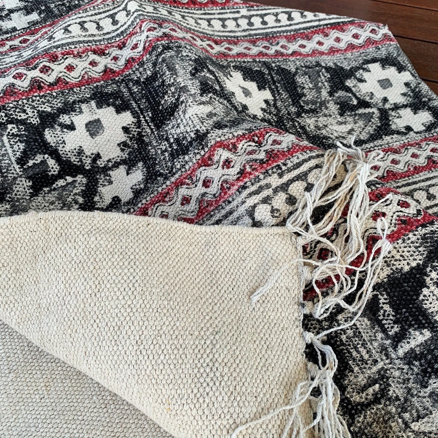 Handmade Beautiful Black Holy Block Print Cotton Dari Carpet