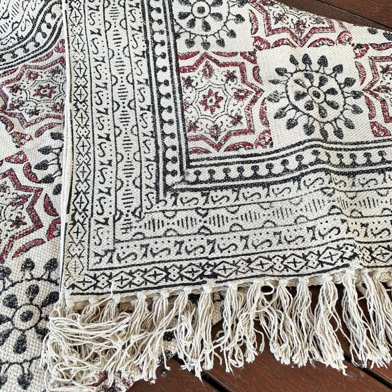Handmade Beautiful Hand Made Shri Mandala Block Print Cotton Dari Carpet