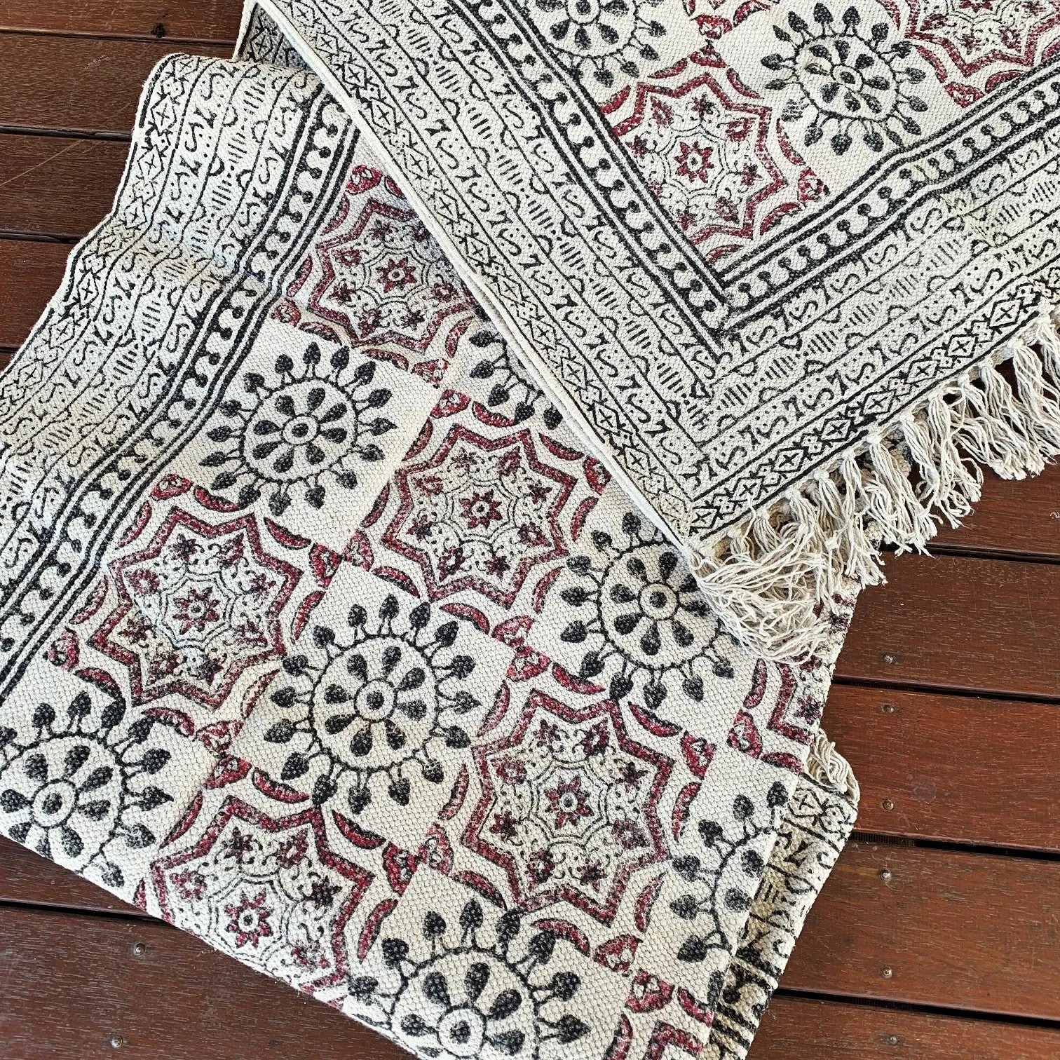 Handmade Beautiful Hand Made Shri Mandala Block Print Cotton Dari Carpet
