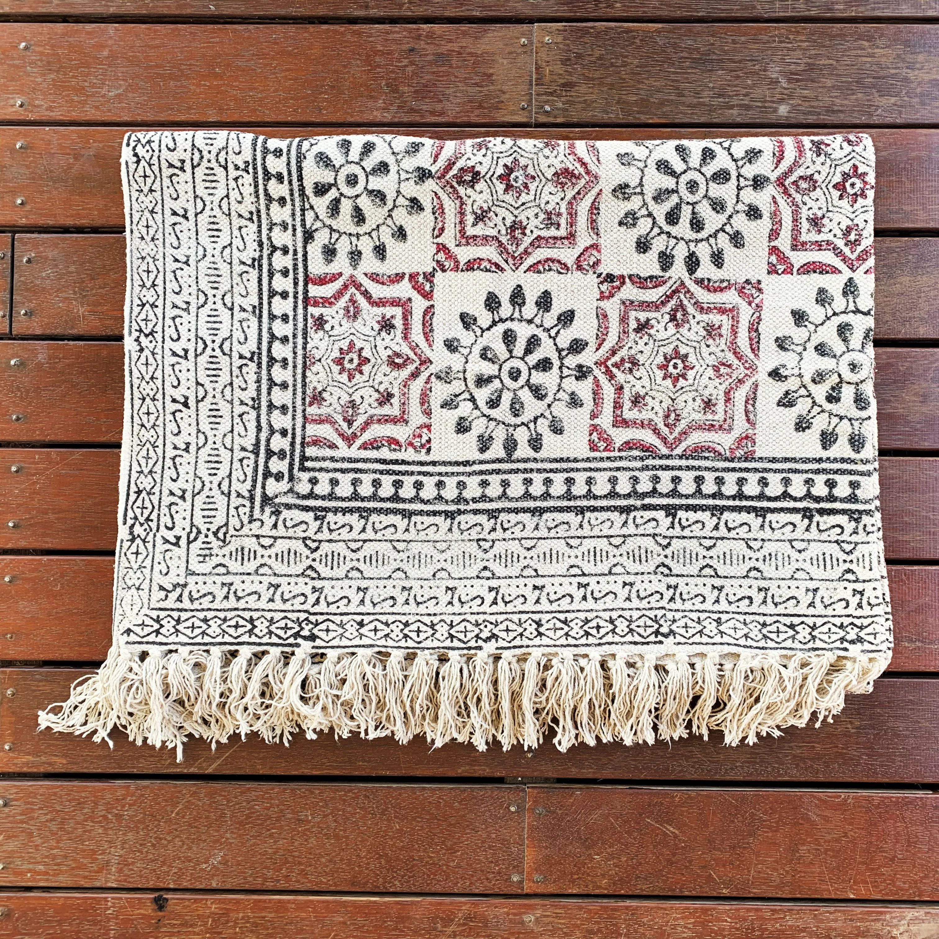 Handmade Beautiful Hand Made Shri Mandala Block Print Cotton Dari Carpet