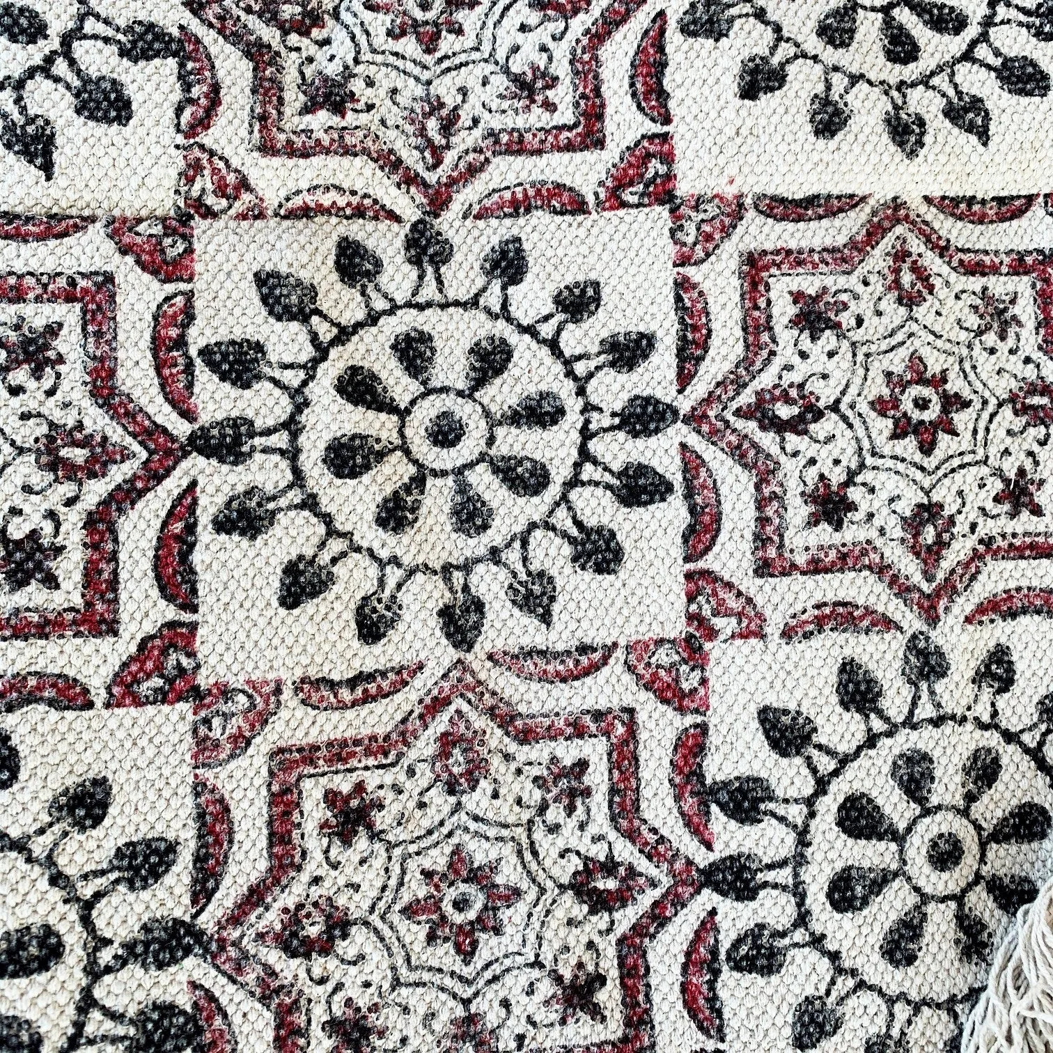 Handmade Beautiful Hand Made Shri Mandala Block Print Cotton Dari Carpet