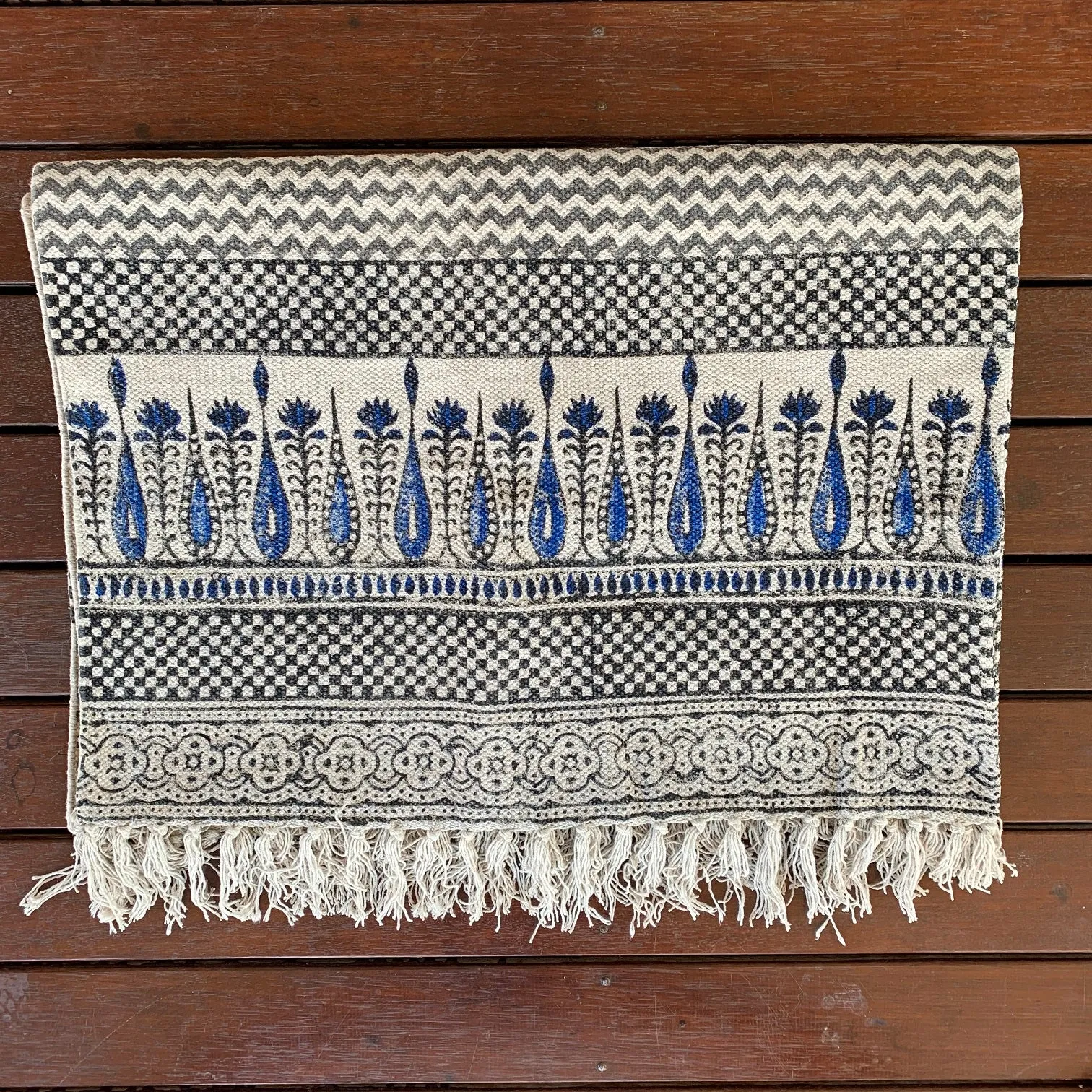 Handmade Beautiful Hand Made Tilak Indigo Block Print Cotton Dari Carpet