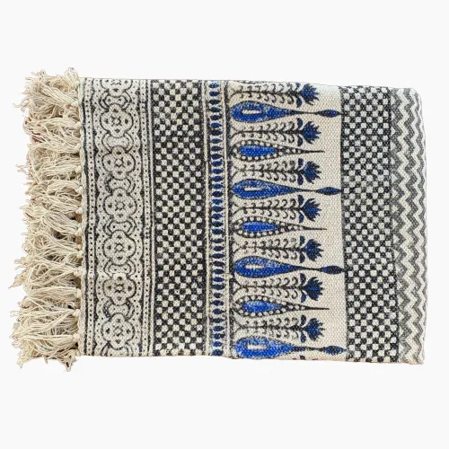 Handmade Beautiful Hand Made Tilak Indigo Block Print Cotton Dari Carpet