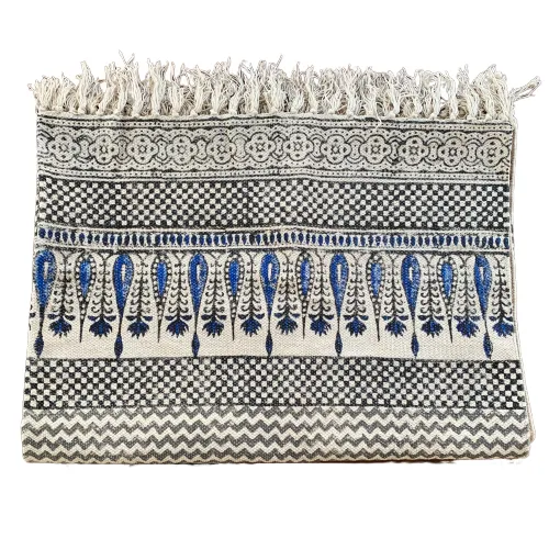 Handmade Beautiful Hand Made Tilak Indigo Block Print Cotton Dari Carpet