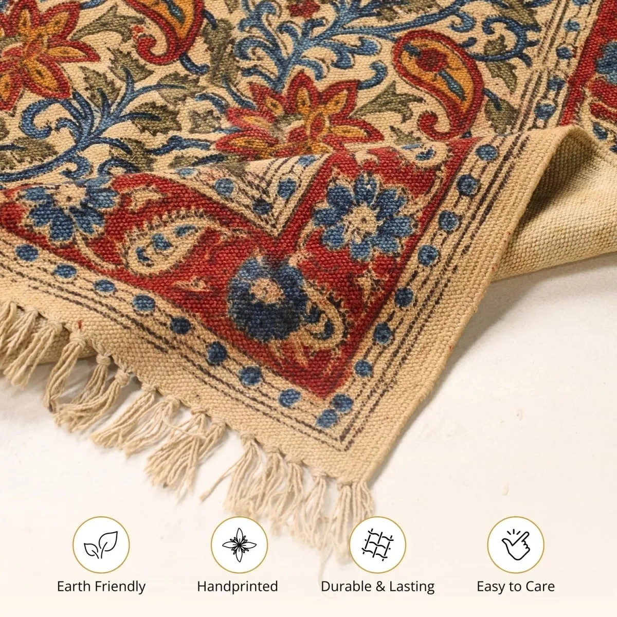 Handmade Cotton Rugs In Blue, Red, And Beige With A Paisley Kalamkari Print | Handmade In India