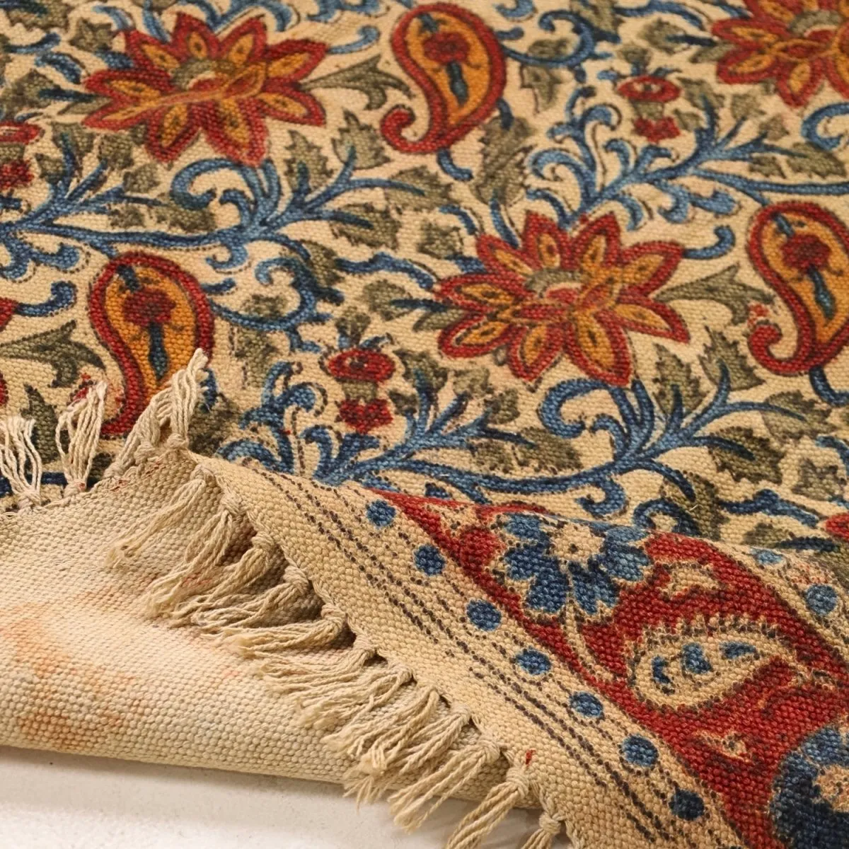 Handmade Cotton Rugs In Blue, Red, And Beige With A Paisley Kalamkari Print | Handmade In India