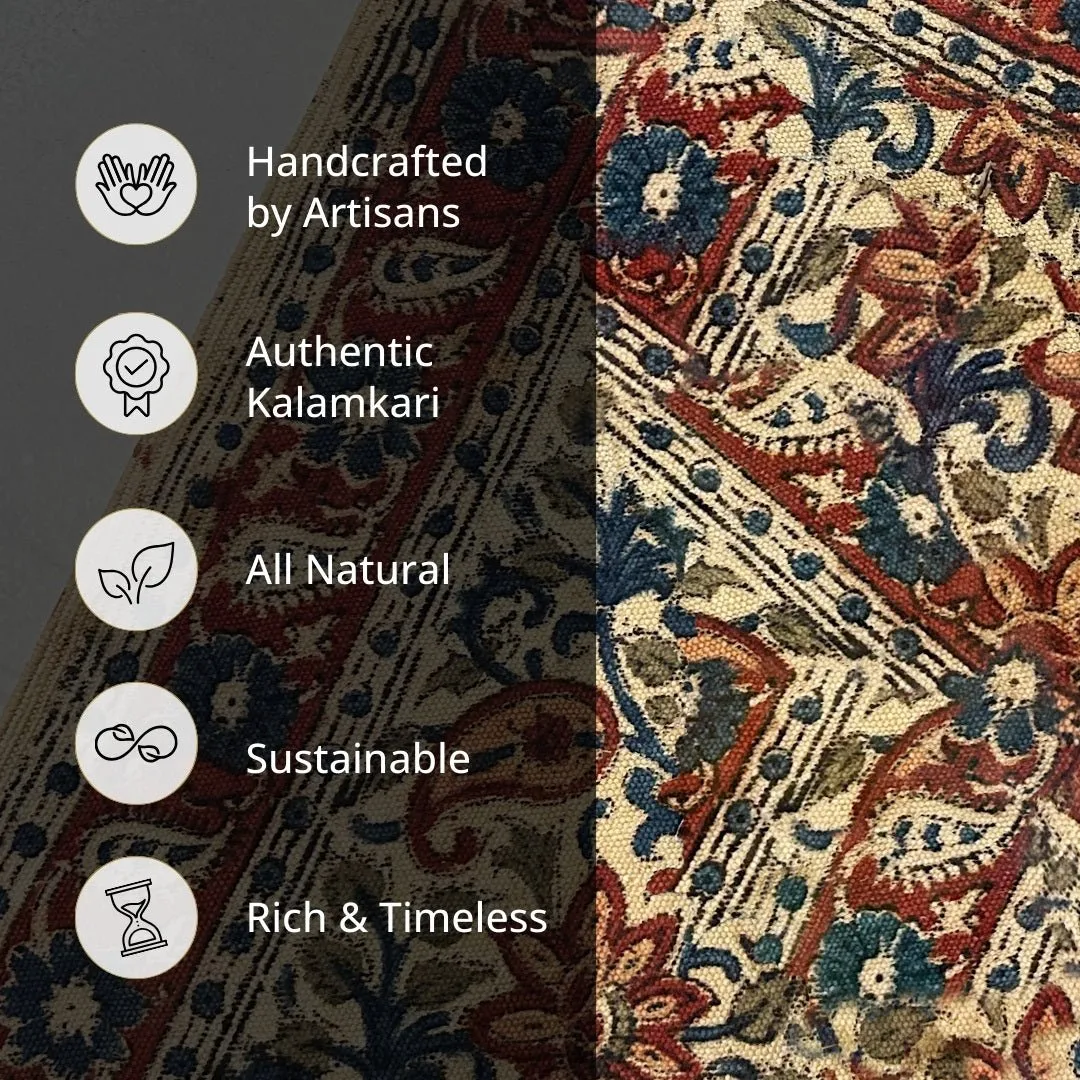 Handmade Cotton Rugs In Blue, Red, And Beige With A Paisley Kalamkari Print | Handmade In India