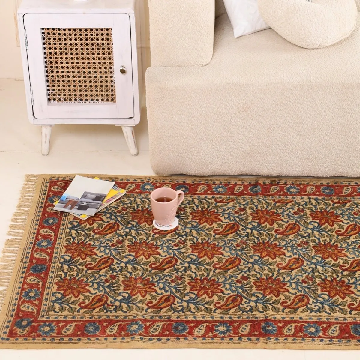 Handmade Cotton Rugs In Blue, Red, And Beige With A Paisley Kalamkari Print | Handmade In India