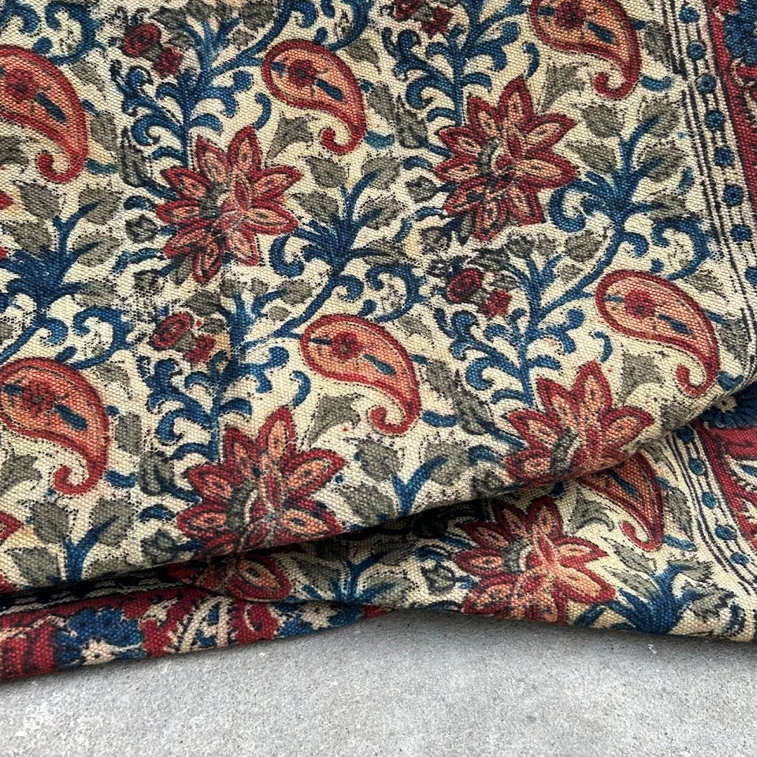 Handmade Cotton Rugs In Blue, Red, And Beige With A Paisley Kalamkari Print | Handmade In India