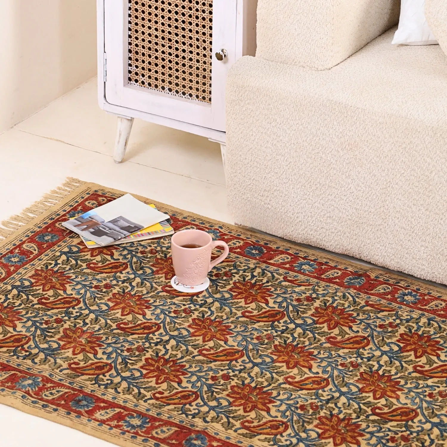 Handmade Cotton Rugs In Blue, Red, And Beige With A Paisley Kalamkari Print | Handmade In India