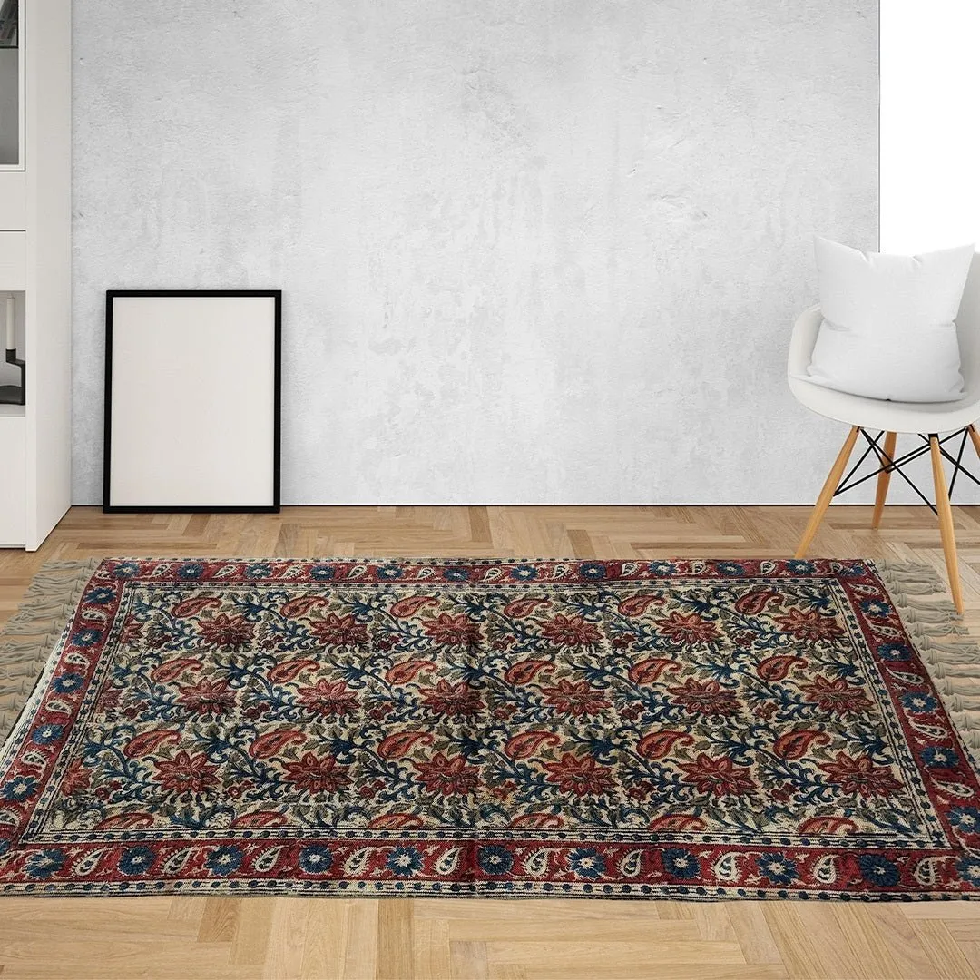 Handmade Cotton Rugs In Blue, Red, And Beige With A Paisley Kalamkari Print | Handmade In India