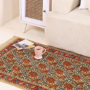 Handmade Cotton Rugs In Blue, Red, And Beige With A Paisley Kalamkari Print | Handmade In India