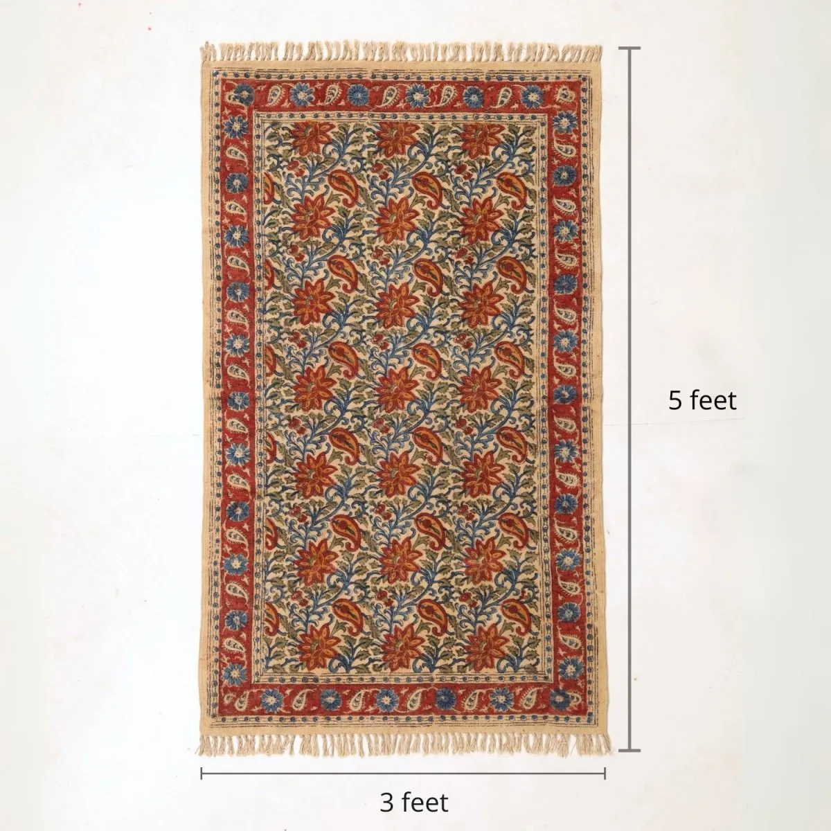 Handmade Cotton Rugs In Blue, Red, And Beige With A Paisley Kalamkari Print | Handmade In India