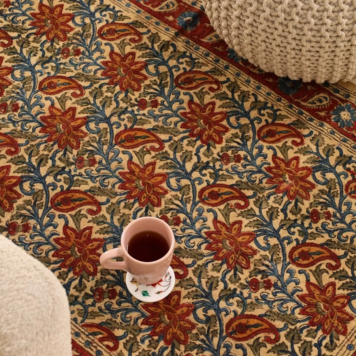 Handmade Cotton Rugs In Blue, Red, And Beige With A Paisley Kalamkari Print | Handmade In India